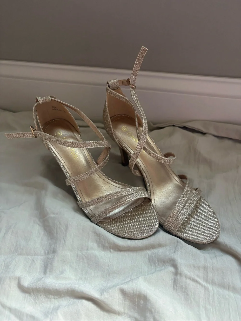 Strappy Glitter Ankle-Wrap Heels in Champagne